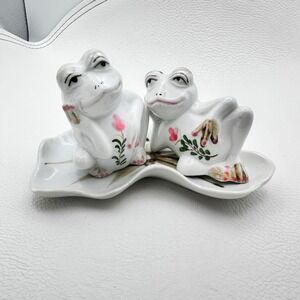Vintage Thailand Porcelain Frog Salt Pepper Shakers with Lily Pad Tray